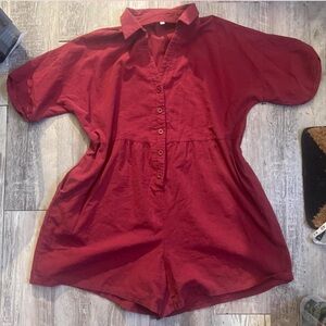 Burgundy Linen Style Button-Up Romper